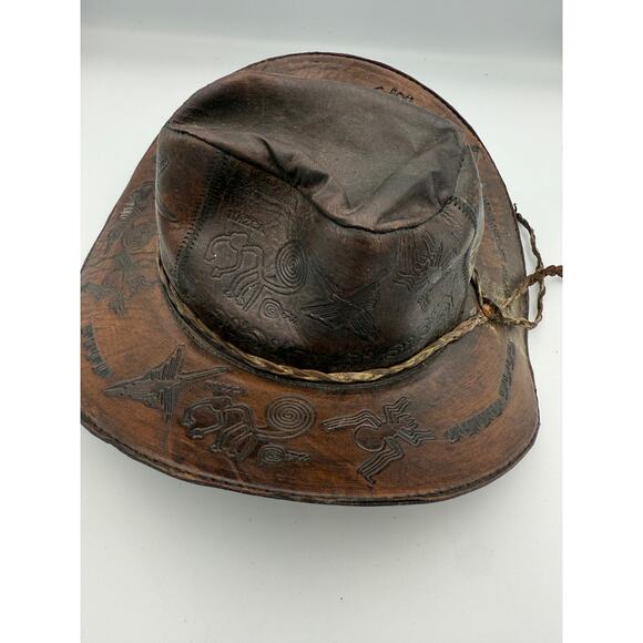 Vintage Leather Cowboy Hat - Hand Tooled Peru Souvenir - Nazca Lines Design - Picture 6 of 9